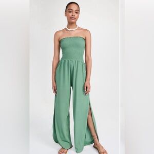 Peixoto Harriet Strapless Smocked Wide-Leg Jumpsuit in Sage Serenity Rib